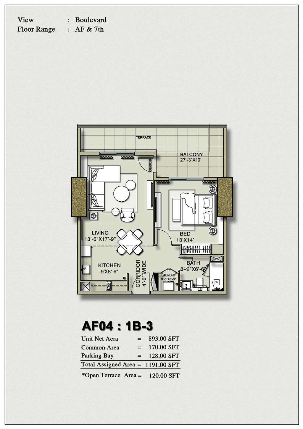 H1 Tower 1-Bedroom Floor Plan Layout 3