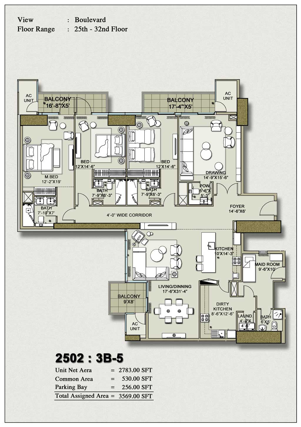 H1 Tower 3-Bedroom Floor Plan Layout 5